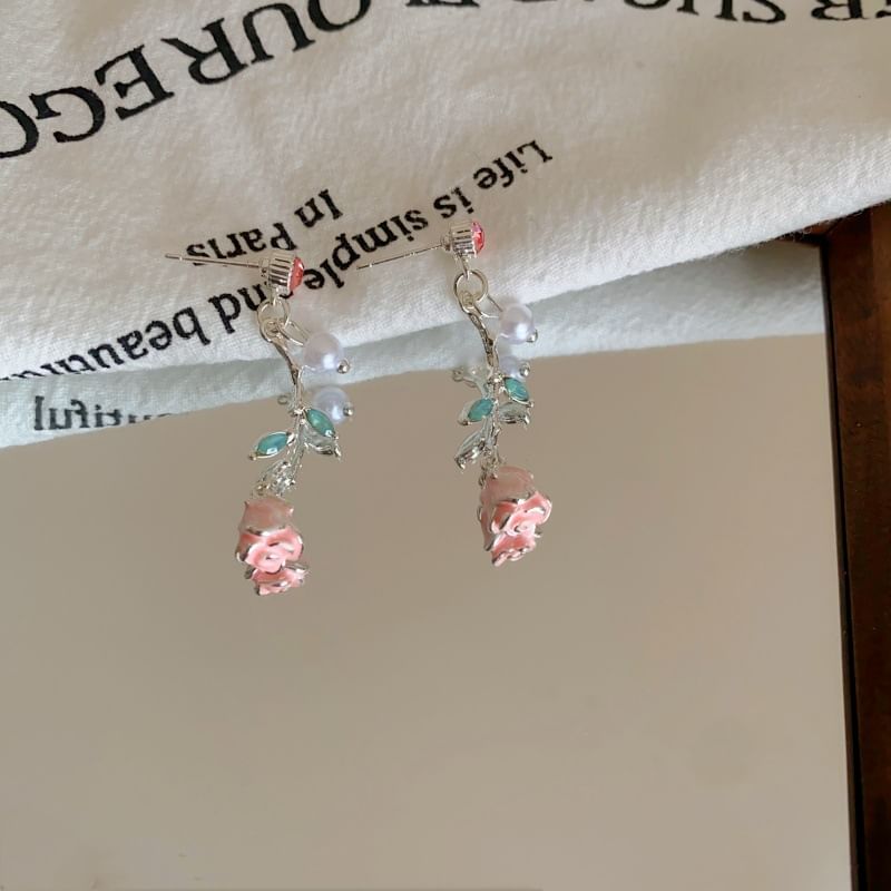 Pearl Earring Drop CZ Faux Flower