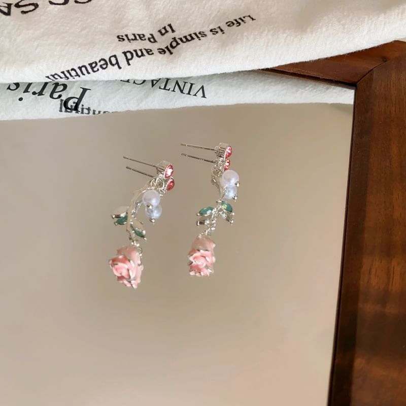 Pearl Earring Drop CZ Faux Flower