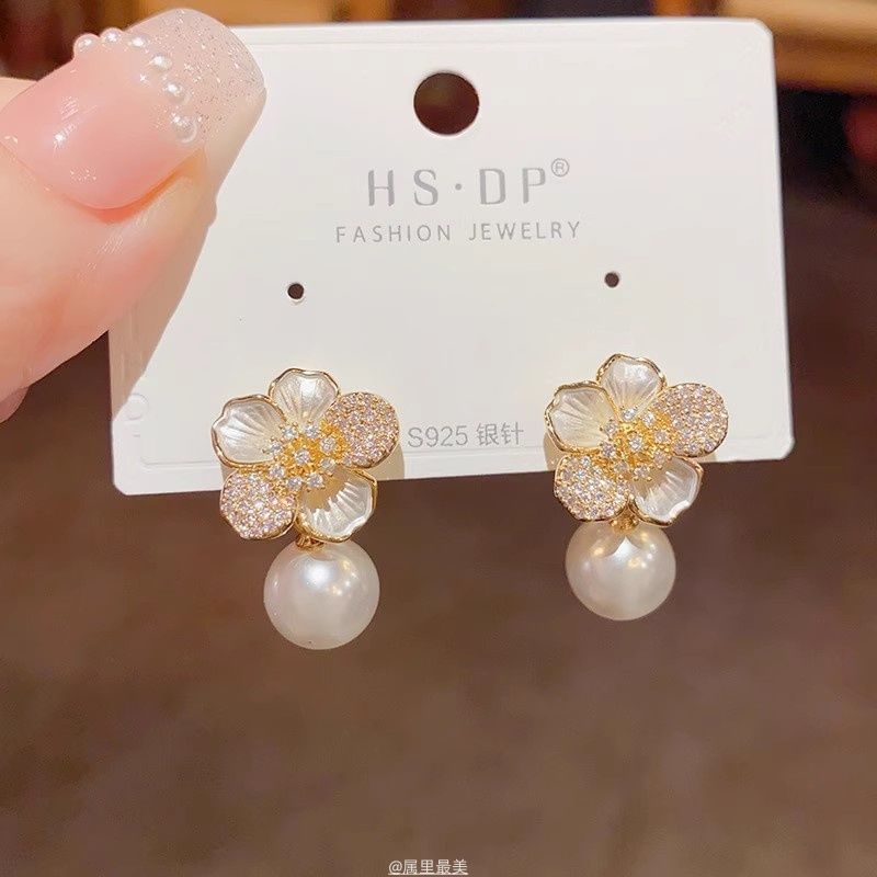 Pearl CZ Drop Earring Faux Flower