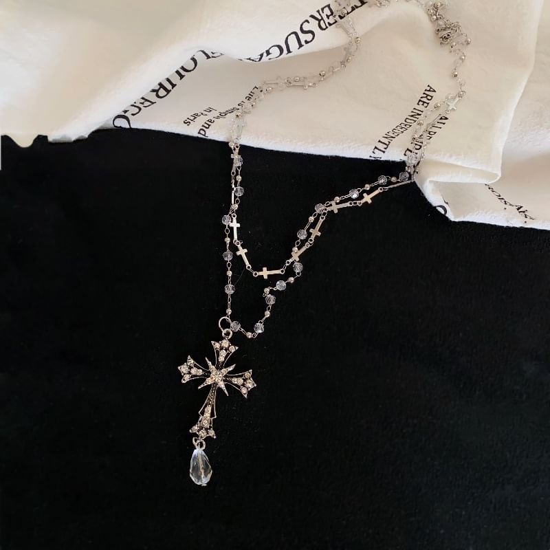 Cross Pendant Bead Necklace Layered CZ