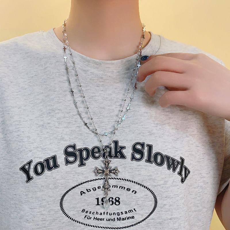 Cross Pendant Bead Necklace Layered CZ