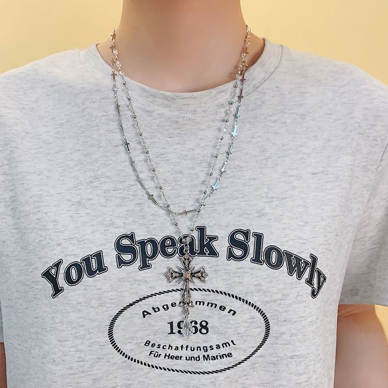 Cross Pendant Bead Necklace Layered CZ