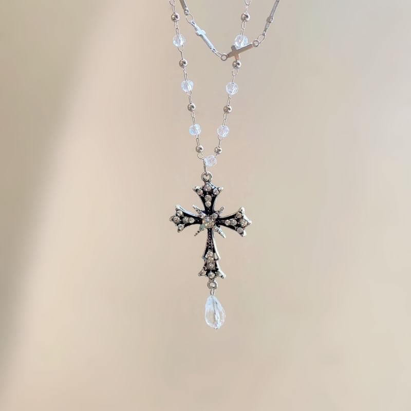 Cross Pendant Bead Necklace Layered CZ