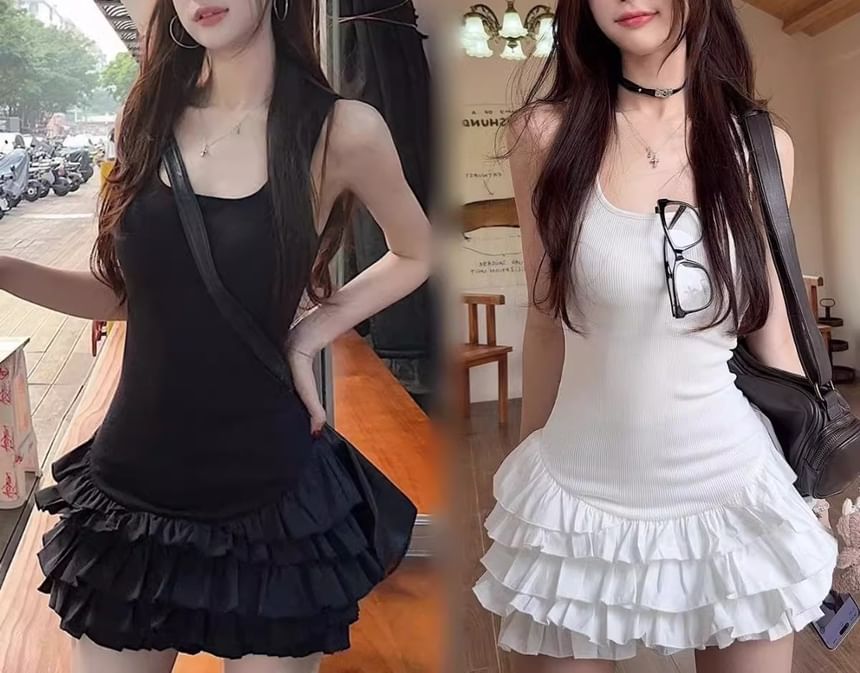 Mini Plain Dress Sleeveless Tiered