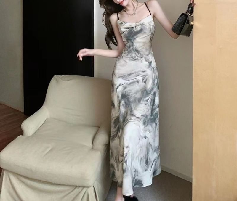 Spaghetti Strap Dress Maxi A-Line Print