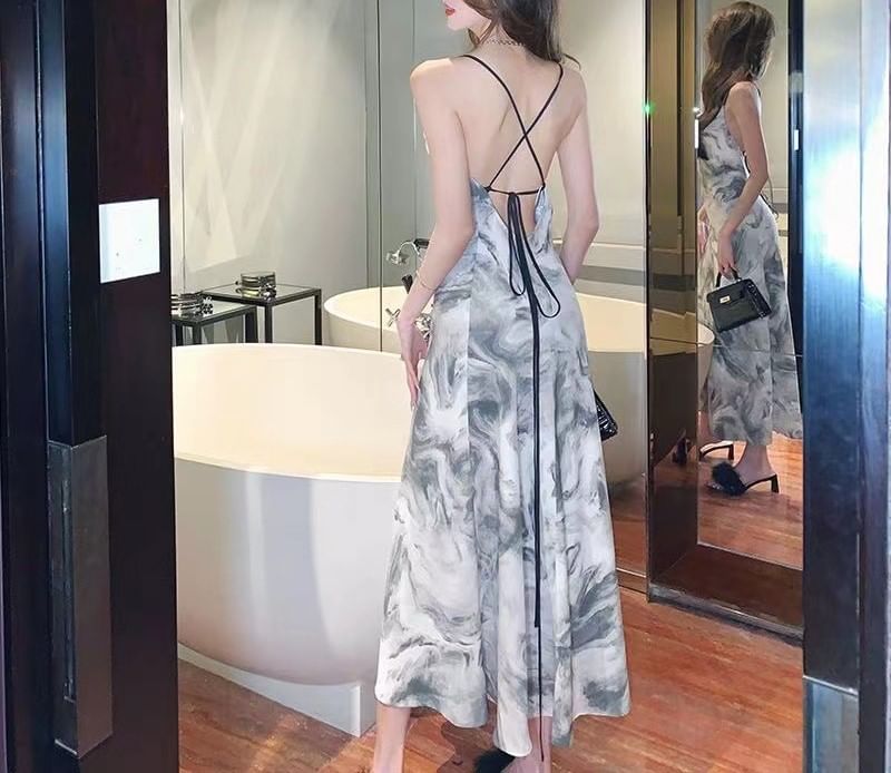 Spaghetti Strap Dress Maxi A-Line Print