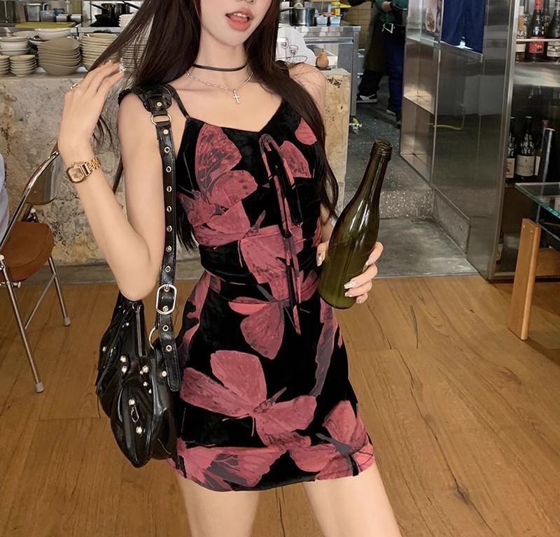 A-Line Strap Print Spaghetti Designs) Dress Floral V-Neck (Various