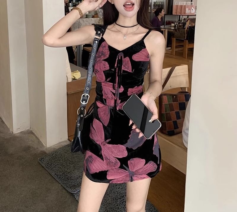 A-Line Strap Print Spaghetti Designs) Dress Floral V-Neck (Various