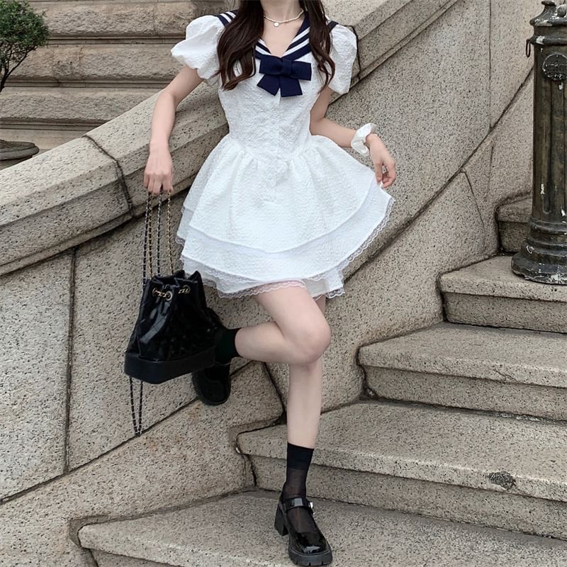 Mini Collar Short-Sleeve Dress A-Line Sailor
