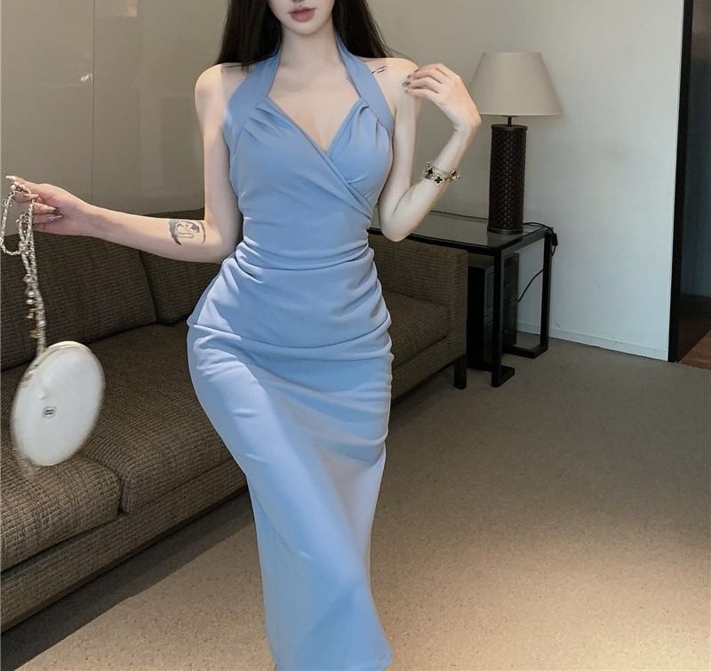 Plain Halter Maxi Neck Sheath Dress