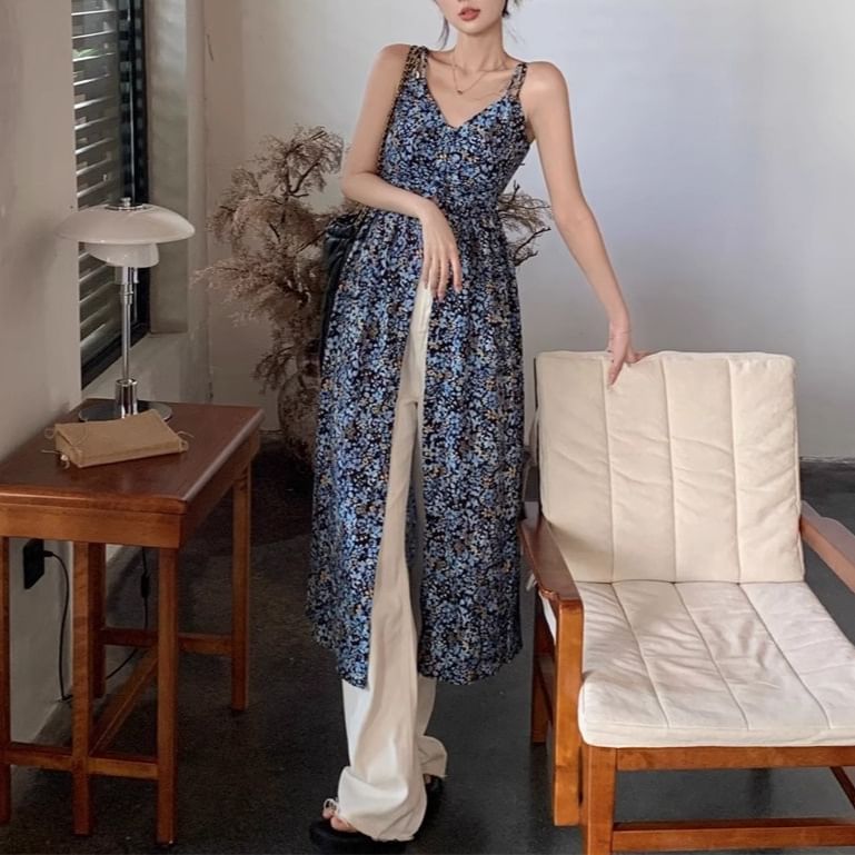 Dress Midi Floral Sleeveless A-Line V-Neck Print