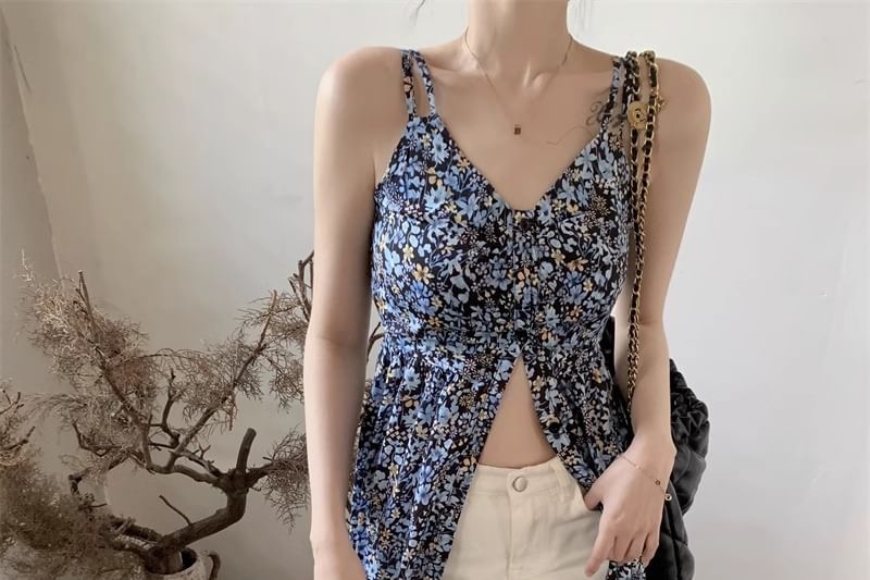 Dress Midi Floral Sleeveless A-Line V-Neck Print