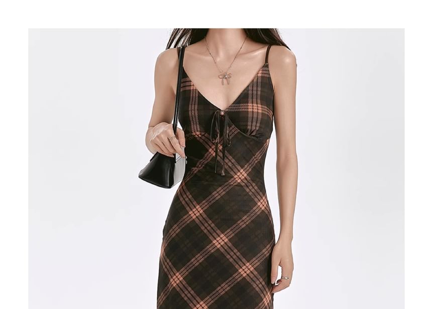 Strap Maxi Dress Plaid V-Neck Spaghetti Sheath