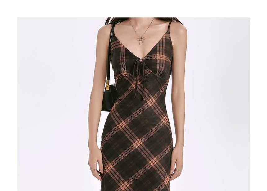 Strap Maxi Dress Plaid V-Neck Spaghetti Sheath