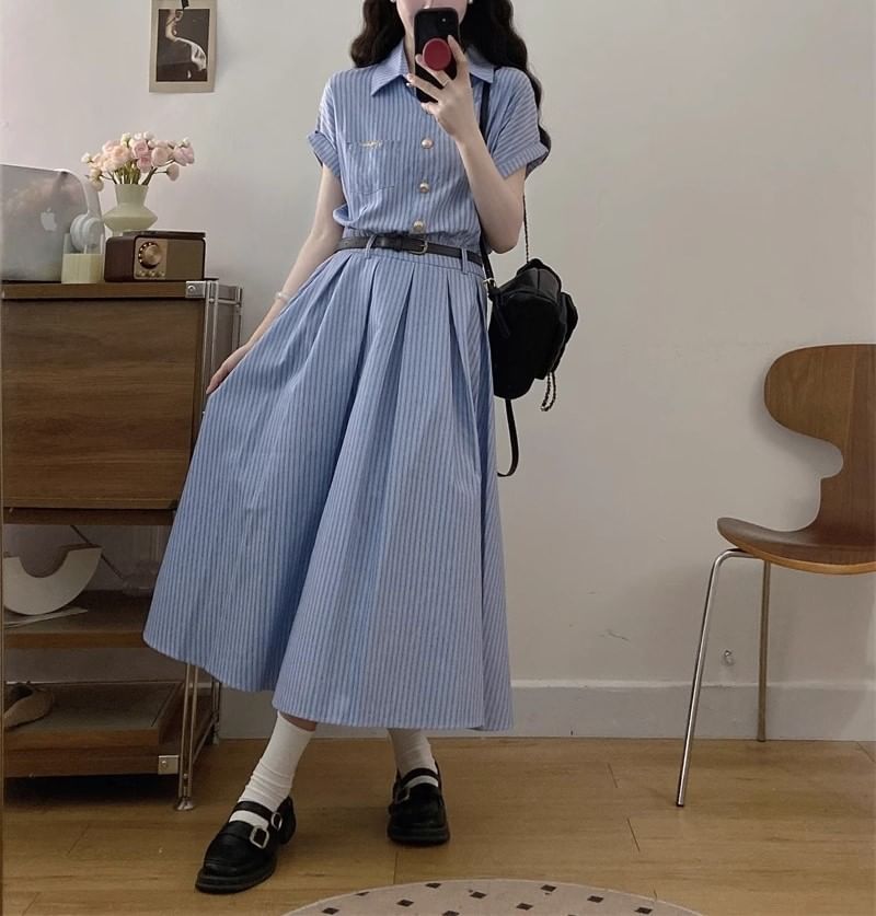 Maxi Short-Sleeve Shirt A-Line Dress Striped