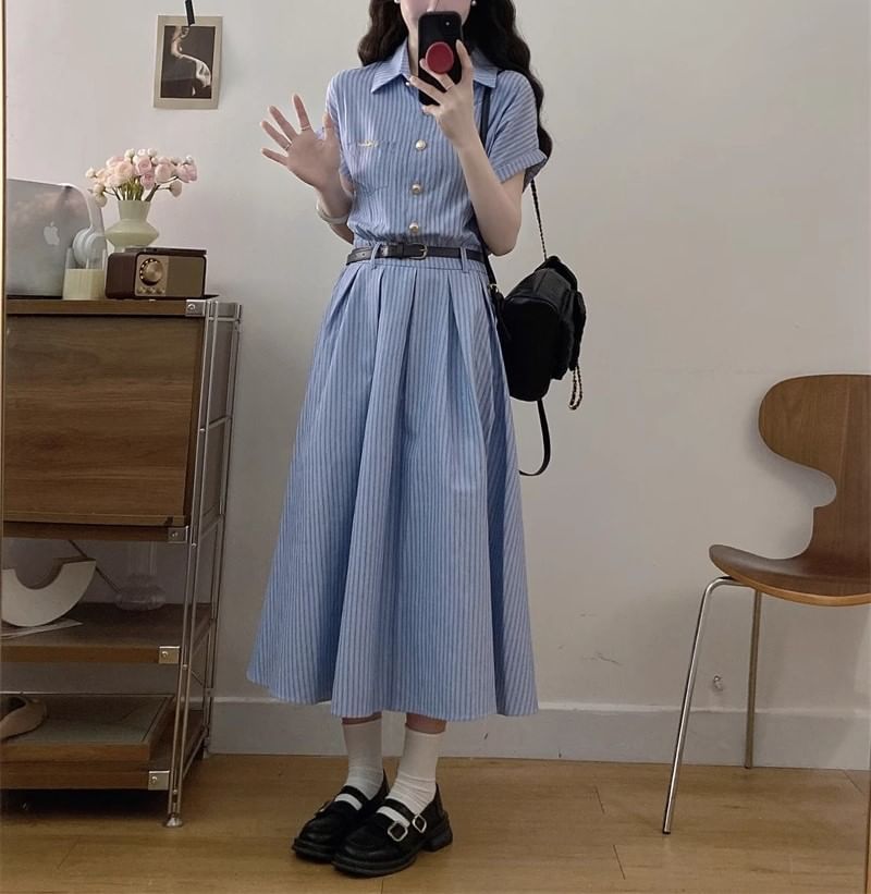 Maxi Short-Sleeve Shirt A-Line Dress Striped