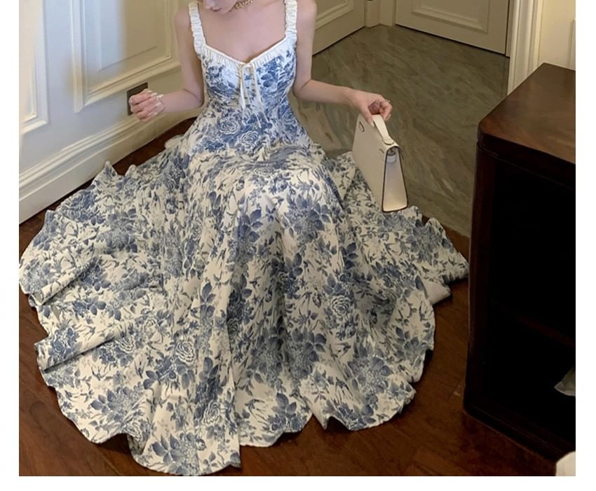 Print A-Line V-Neck Maxi Floral Dress Sleeveless