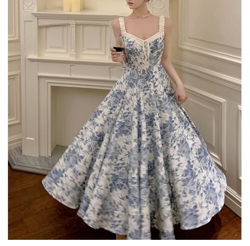 Print A-Line V-Neck Maxi Floral Dress Sleeveless