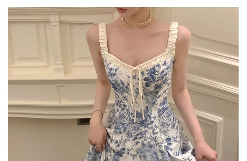 Print A-Line V-Neck Maxi Floral Dress Sleeveless