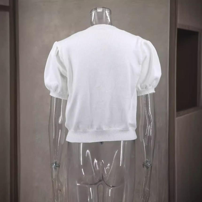 Tone Knit V-Neck Top Crop Accent Bow Two Puff-Sleeve