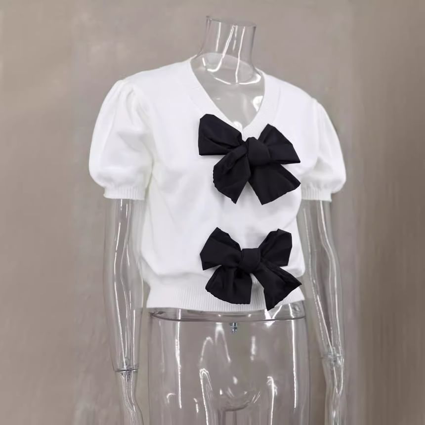 Tone Knit V-Neck Top Crop Accent Bow Two Puff-Sleeve