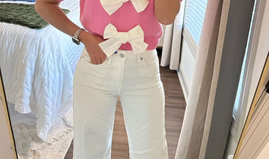 Tone Knit V-Neck Top Crop Accent Bow Two Puff-Sleeve