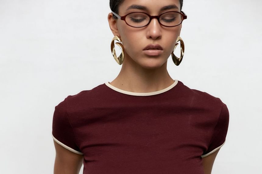 Contrast Slim Crew Tee Neck Short-Sleeve Trim Crop Fit