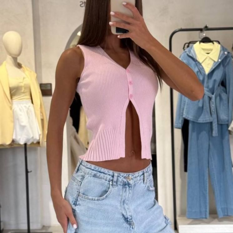 Slit Vest Crop Button-Up Plain V-Neck Sweater