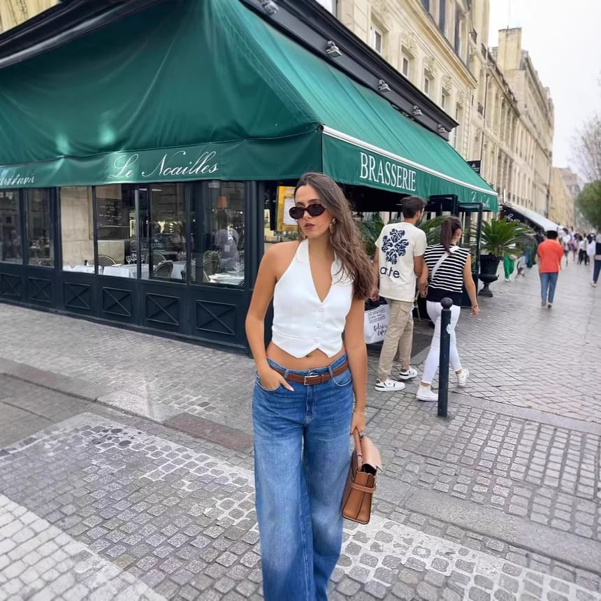 Single-Breasted Plain Flower Halter Back Crop V-Neck Vest Open Accent