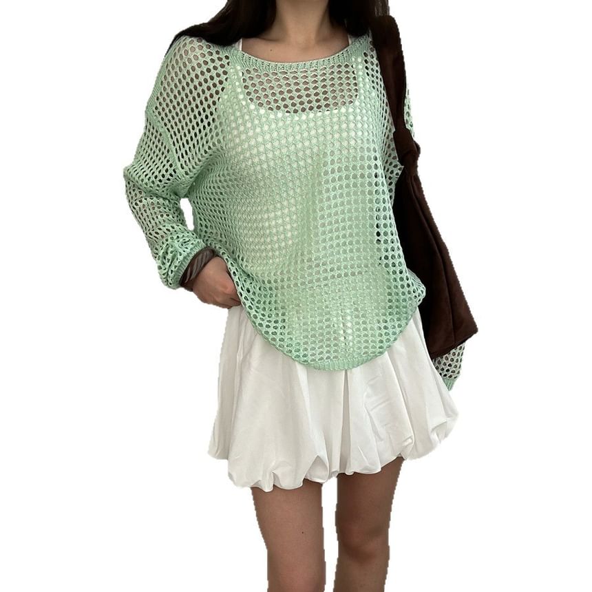 Knit Long-Sleeve Plain Neck Round Perforated Top