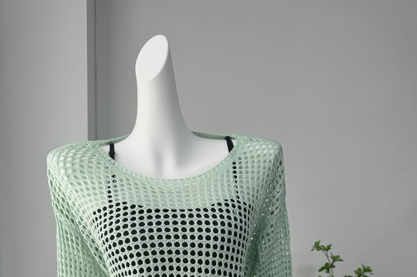 Knit Long-Sleeve Plain Neck Round Perforated Top