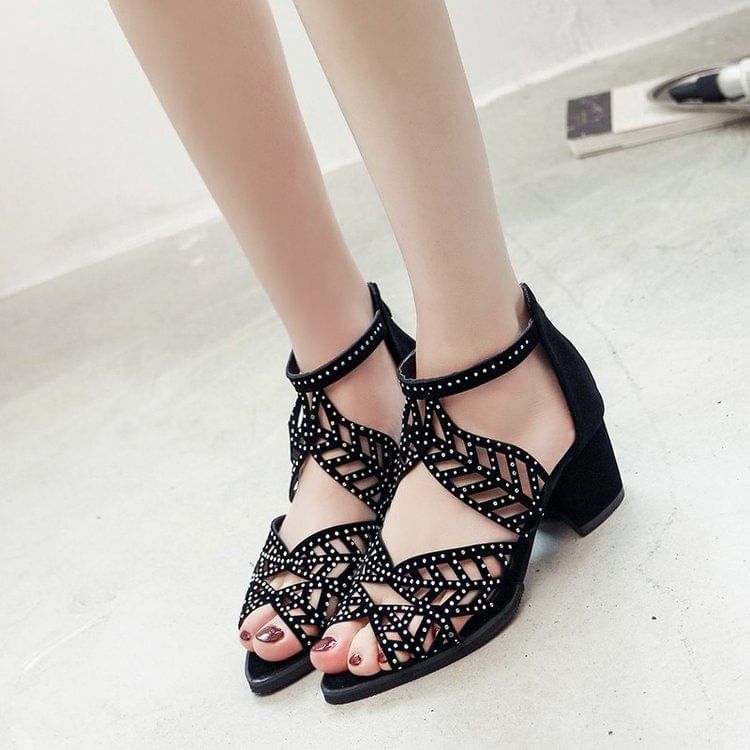 Rhinestone Faux Leather Block Heel Sandals