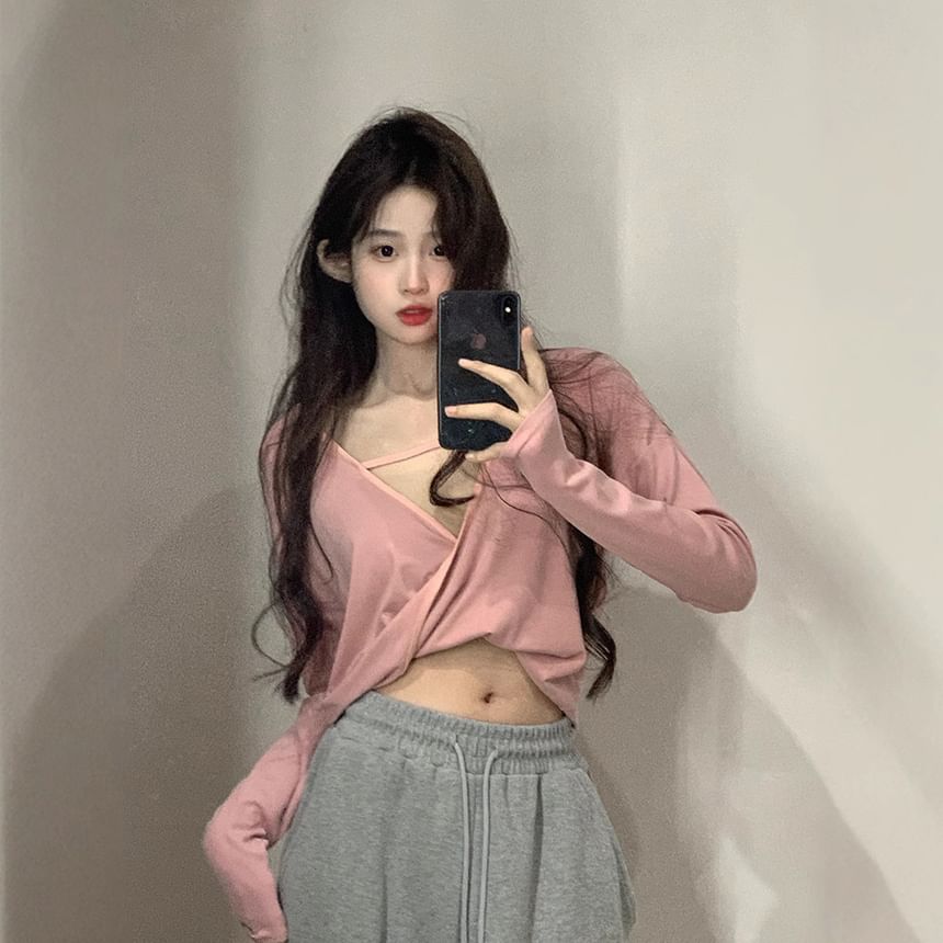 Twisted V-Neck Cropped Tee, Long Sleeved