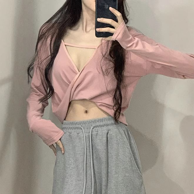 Twisted V-Neck Cropped Tee, Long Sleeved