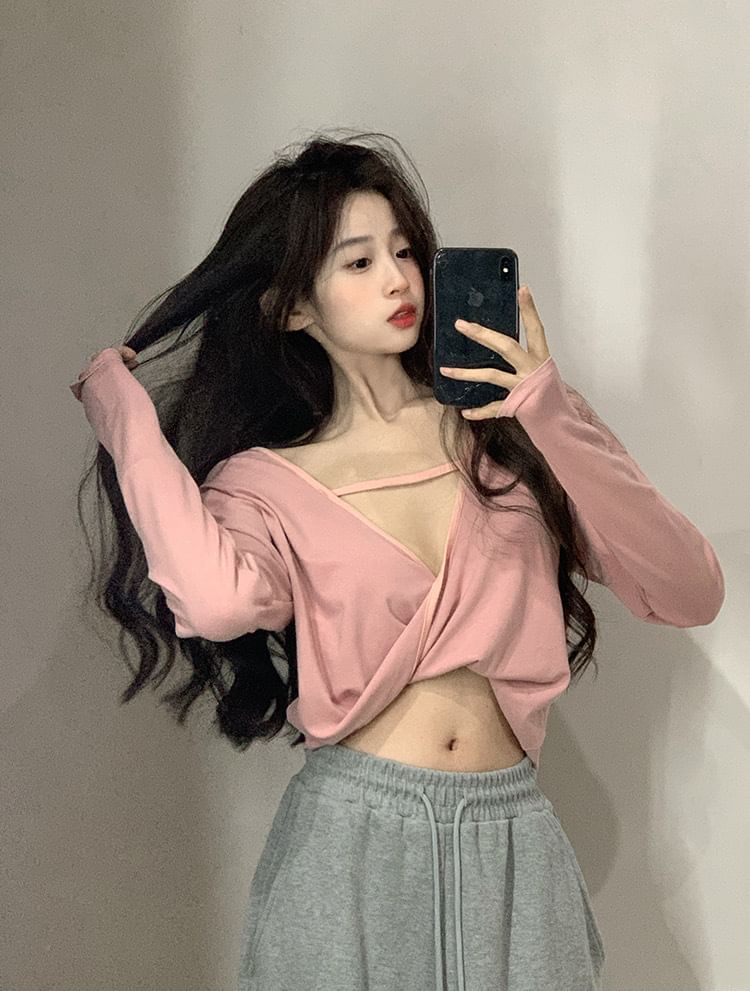 Twisted V-Neck Cropped Tee, Long Sleeved