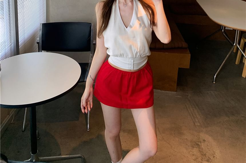 Plain Halter Crop Top & Mid-Waist Mini A-Line Skirt Set