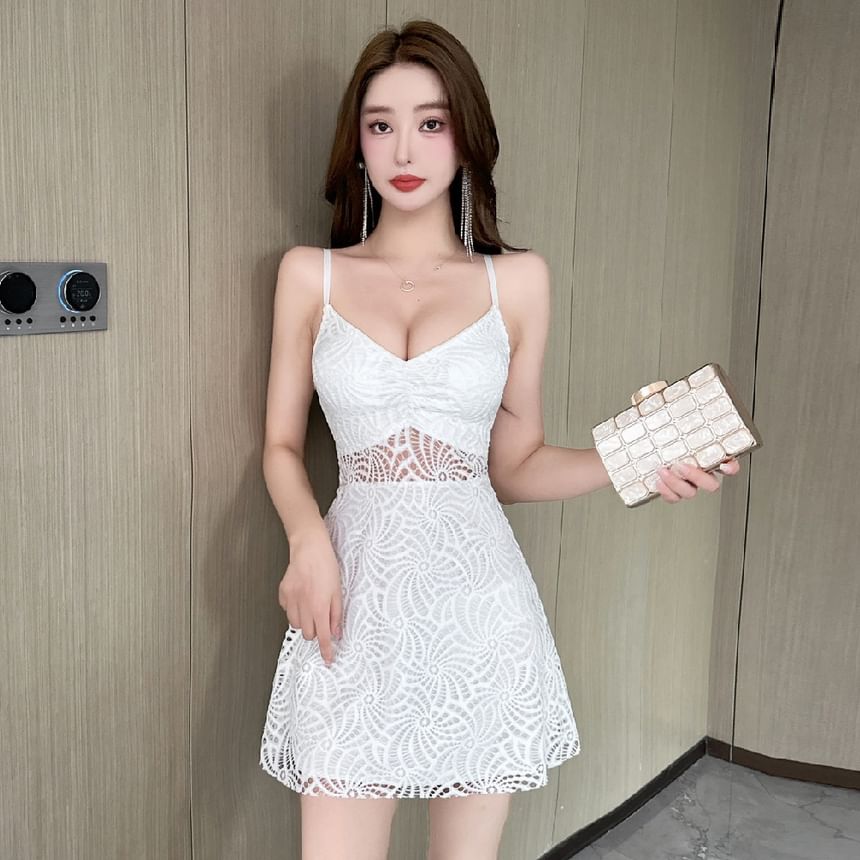 Spaghetti Strap Plain Lace Mini A-Line Dress