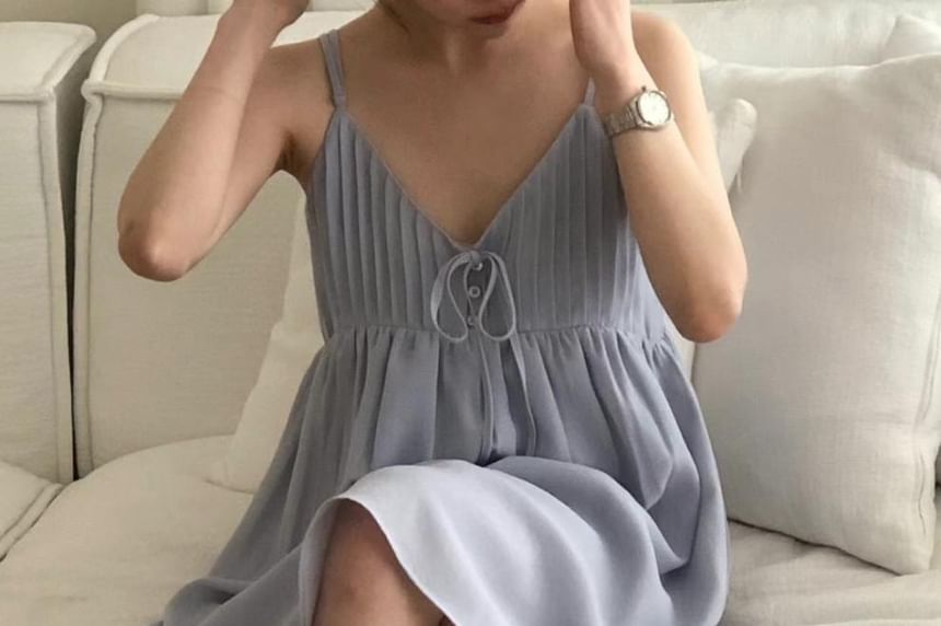 Spaghetti Strap V-Neck Plain Mini A-Line Dress