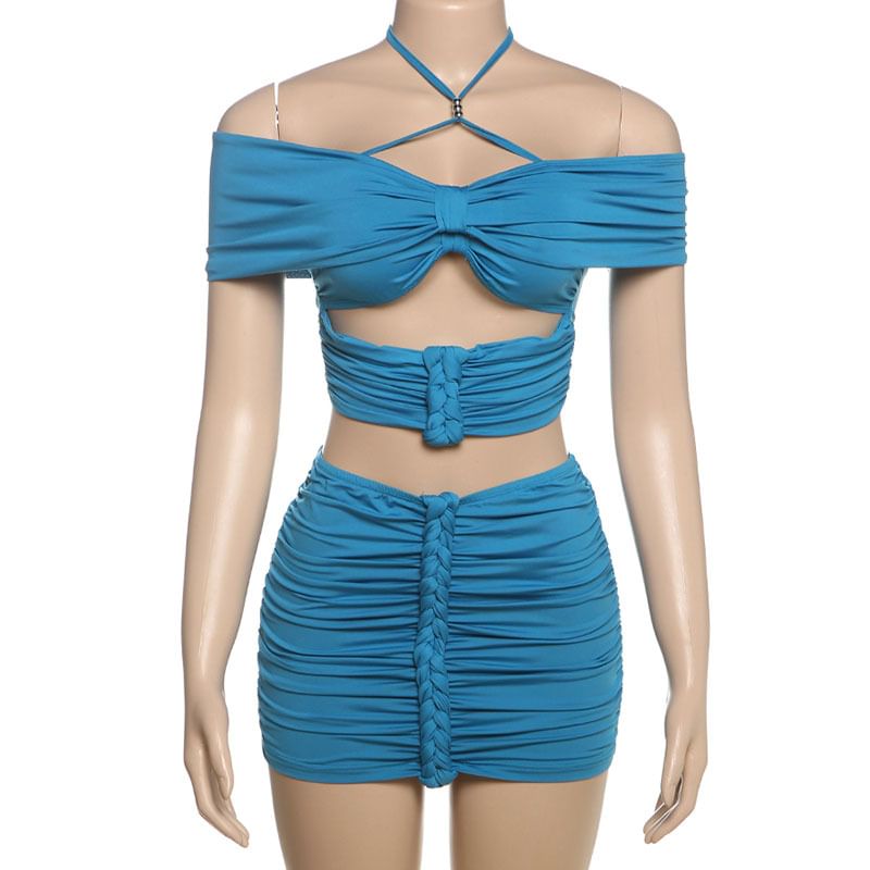 Halter Cutout Ruched Crop Top with High-Rise Mini Skirt Set