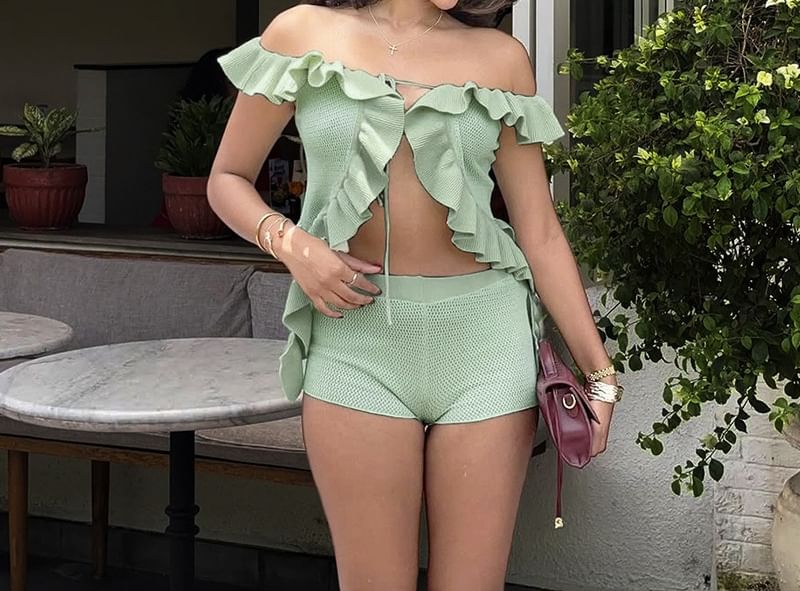 Off-Shoulder Ruffled Tie-Front Top with High-Waisted Shorts Set