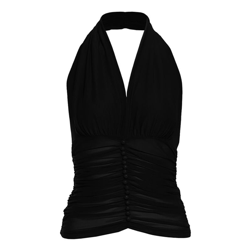 Ruched Plain Halter Mesh Slim-Fit Cropped Tank Top