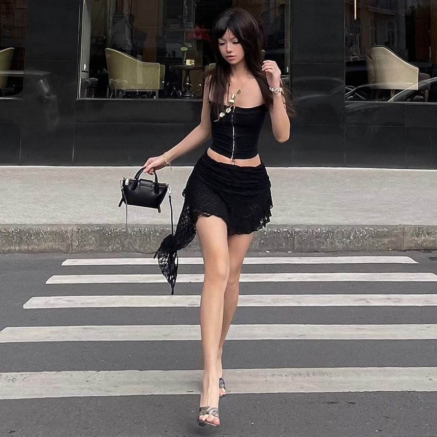 Zip-Up Plain Crop Cami Top & Lace Ruched Low-Waist Mini Skirt Set