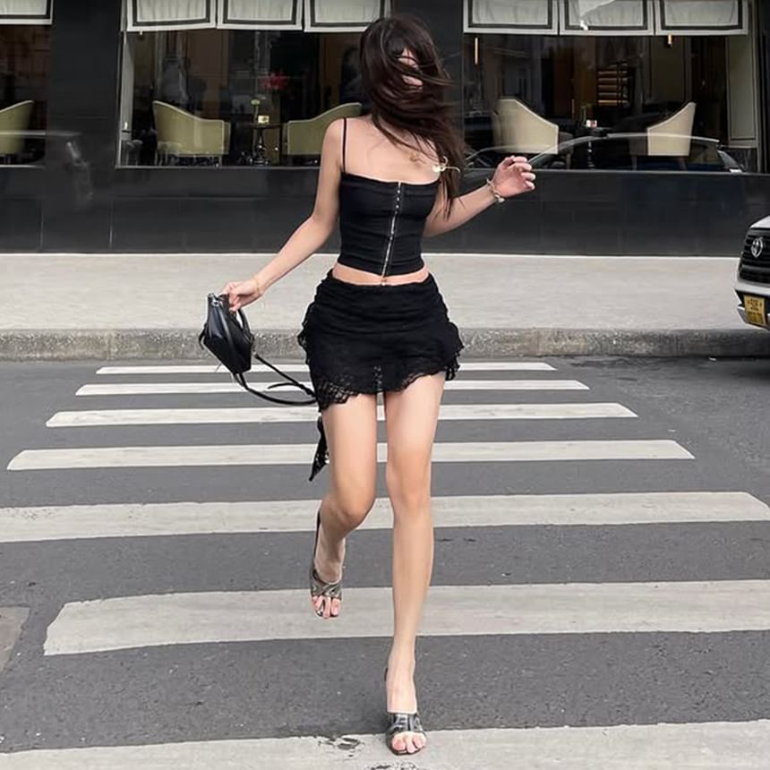 Zip-Up Plain Crop Cami Top & Lace Ruched Low-Waist Mini Skirt Set
