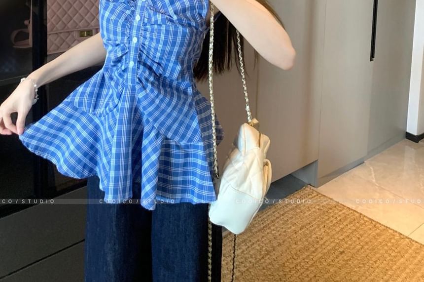 Plaid Peplum Ruched Sleeveless V-Neck Blouse