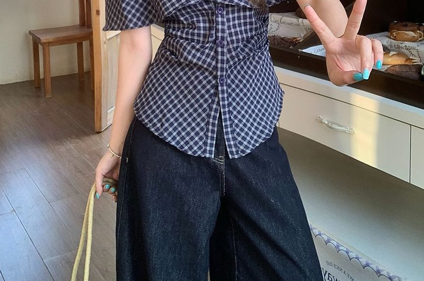 Plaid Off-Shoulder Short-Sleeved Blouse