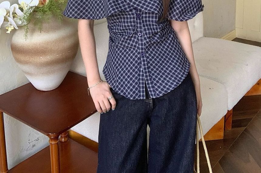 Plaid Off-Shoulder Short-Sleeved Blouse