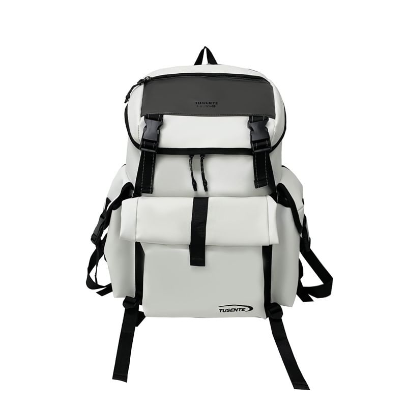 Lettering Buckled Leather Backpack Faux