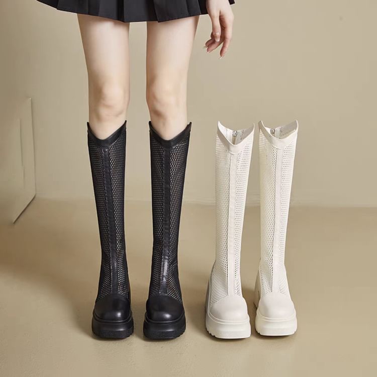 Heel Platform Block Boots Mesh Plain Tall
