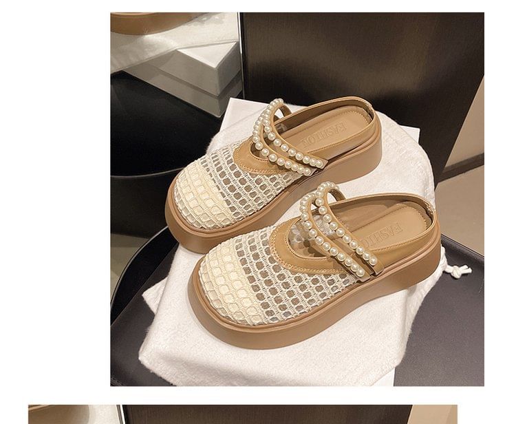 Pearl Detail Faux Mesh Platform Mules