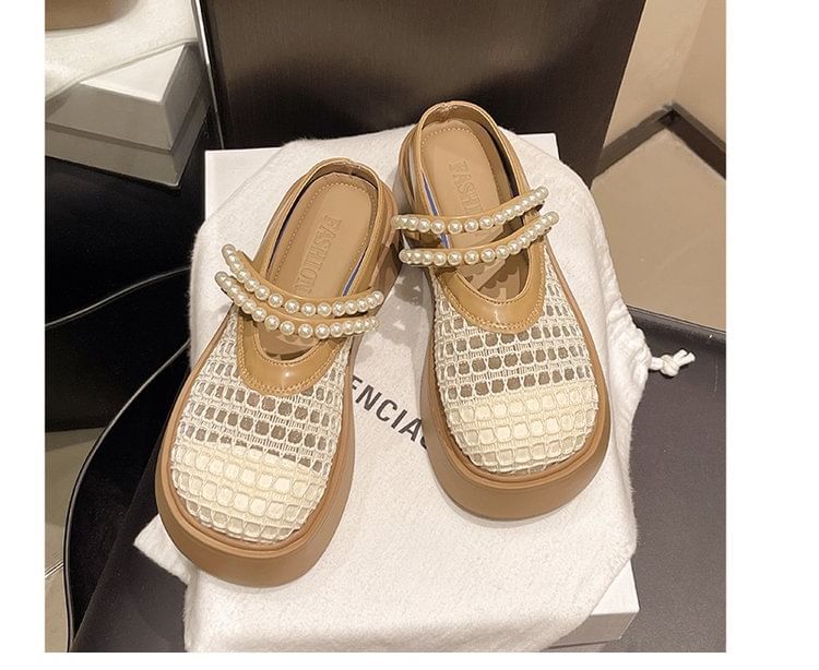 Pearl Detail Faux Mesh Platform Mules